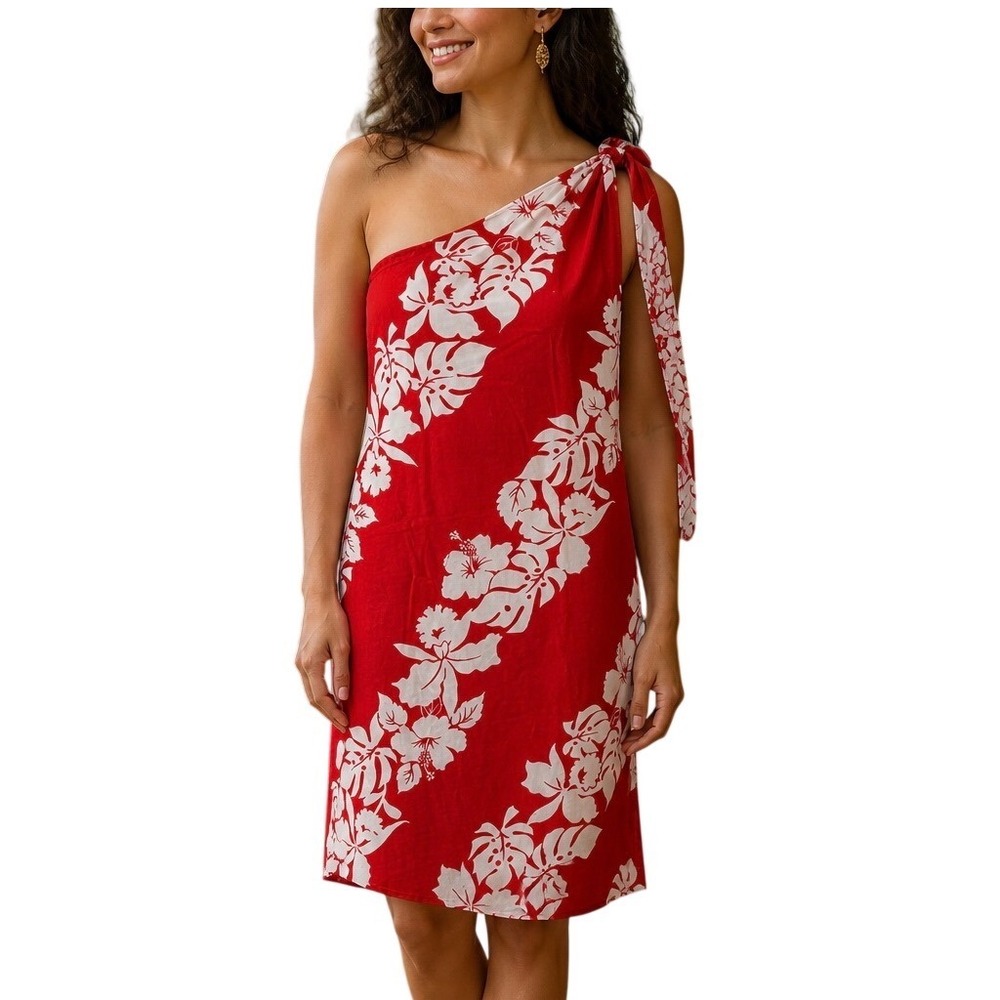 Vintage Malihini Hawaii Red White Floral One Shoulder Sarong Dress Cotton